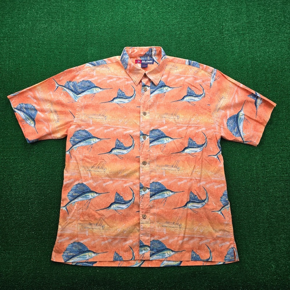Reel Legends Shirt Mens XL Orange Button Up Beach‎ Swordfish All Over Print